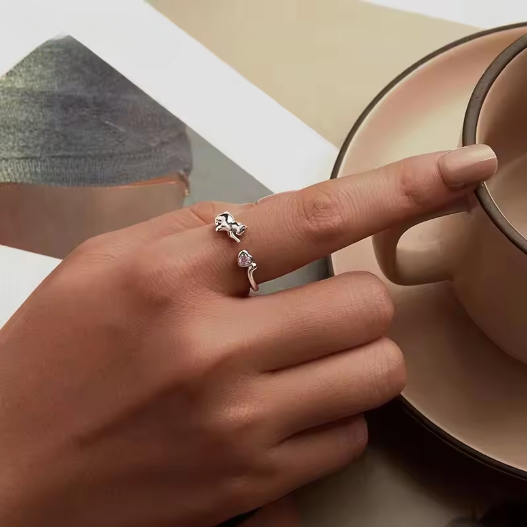 Cute Cat Ring | 18K Gold Plated with Pink Heart CZ