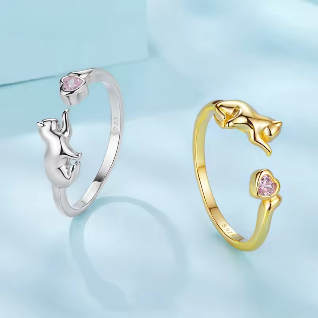 Cute Cat Ring | 18K Gold Plated with Pink Heart CZ
